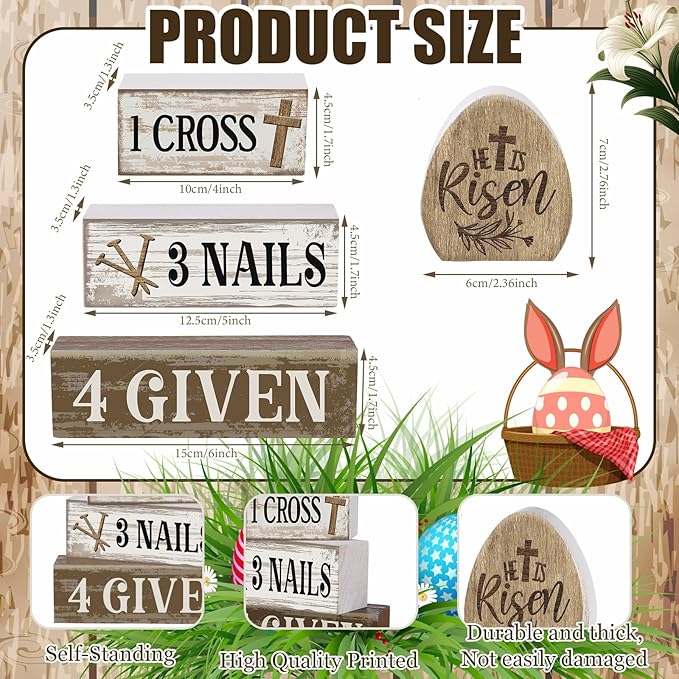 Lineshading 4 Pcs Easter Table Decoration Easter Gifts He Is Risen Tiered Tray Decor Christian Gifts Wooden Eggs Basket Stuffers Centerpieces for Holy Week Home Kitchen Party Decorations