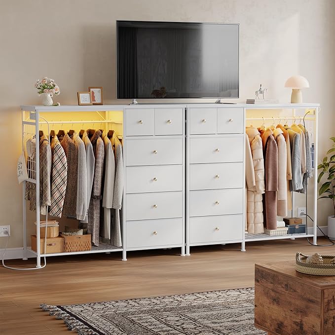 OLIXIS 6 Storage for Bedroom with Hanging Rack with LED Lights & Charging Station, Fabric Chest of Storage with Rack, Wooden Top, for Home Living Room Entryway White