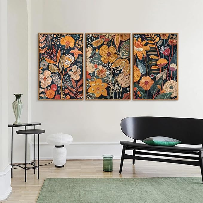 SIGNINART Orange Floral Framed Canvas Wall Art Set of 3, Mid Century Modern Flower Wall Decor, Neutral Plant Artwork, Boho Botanical Art Prints for Bedroom Living Room Office 24"x36"x3