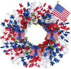 GTIDEA 24'' Patriotic Wreaths for Front Door, American 4th of July Wreath on Grapevine with Red White and Blue Forsythia Flag Bowknot Summer Wreaths for Home Wall Memorial Day Independence Day Decor