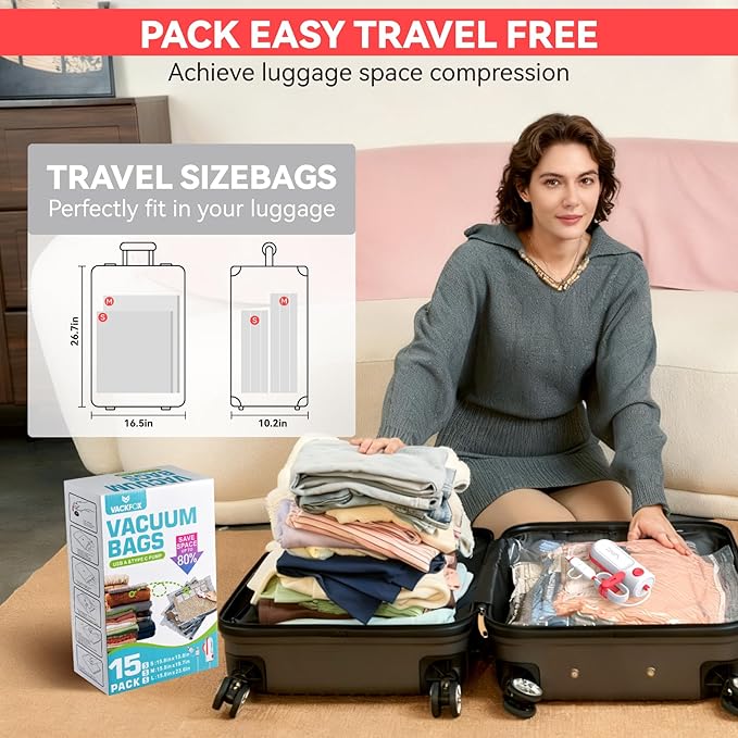 Vacuum Bags for Travel with USB and TYPE C Pump,vacuum seal travel bags,15 Pack Carry-on Size Compression Packing Bags for Luggage and Suitcase,Space Saver for Clothes and Clothing Travel（Red）