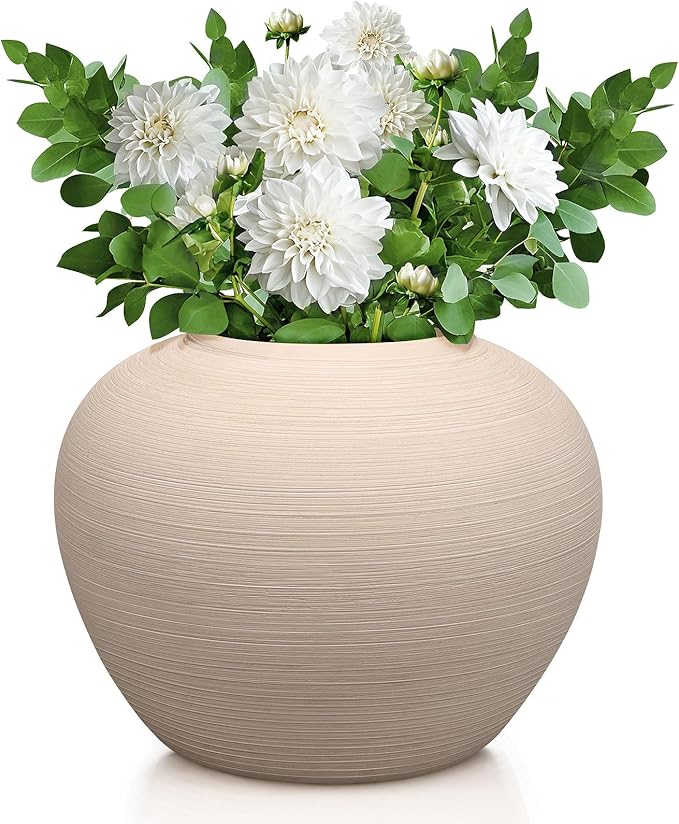 Ceramic Flower Vase Round Textured Vase,Farmhouse Vase Terracotta Rustic Vases for Home Decor for Living Room,Dining Table Decor,Shelf Decor,Centerpiece