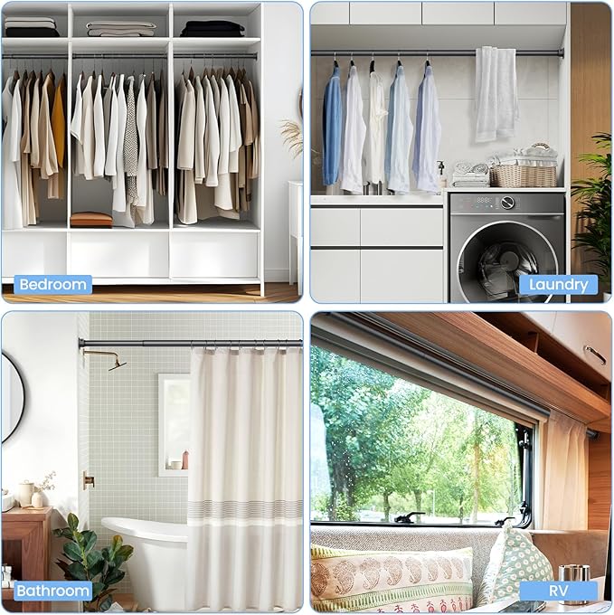 Closet Rods for Hanging Clothes, 17 to 54 Inch Stepless Adjustable Closet Rod, 1.3 Inch Diameter Metal Heavy Duty Closet Hanging Rod for Closet Wardrobes Laundry RV, Black