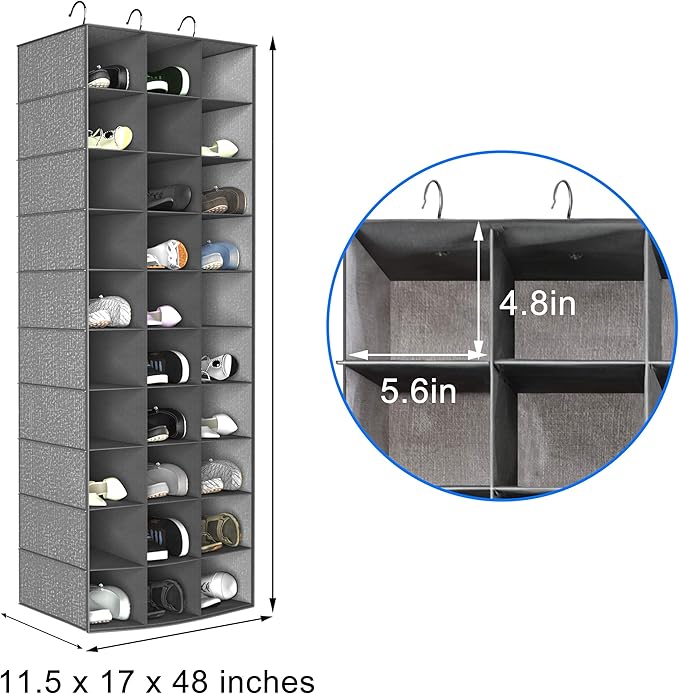 coastal rose Hanging Shoe Organizer for Closet, 30 Sections Hanging Closet Organizers and Storage Shelves Space Saving Shoe Rack Holder Hanger, Grey, 17''W×11.5''Dx 48''H