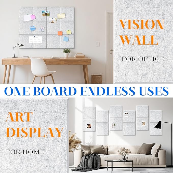 DOLLAR BOSS Large Cork Board for Wall 48" x 36" x 0.5" Bulletin Board 12 Packs Corkboard Tiles Self Adhesive Felt Wall Tiles for Office Home School, Light Grey