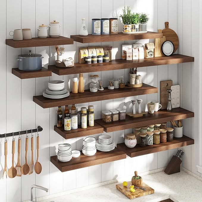 55 Inch Long Floating Shelves for Wall Set of 2, 12"D Wood Grain Bathroom Shelves with Invisible Brackets, Easy Install Engineered Wood Storage Shelves for Kitchen, Living Room, Bedroom, Walnut Finish