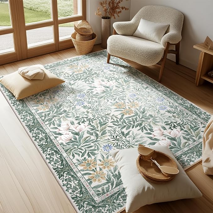 Botanical Floral Area Rug 4x6 Light Green Cream Vintage Garden Design, Perfect for Living Room, Bedroom, Kids Room, Nursery - Stain & Water Resistant Non-Slip, Pet & Child Friendly Area Rugs