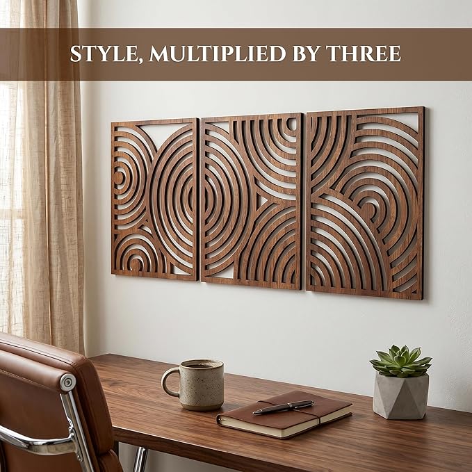 qmmp Modern Wooden Wall Sculptures - Set of 3 - Home Decor Accent - Large Wall Art for Living Room, Bedroom, Office - Easy Installation (Walnut, Large - Orbit)