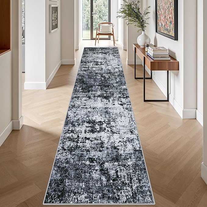 2.6'x14' Runner Rug Washable Rug: Modern Abstract Soft Thin Runner Rug Black