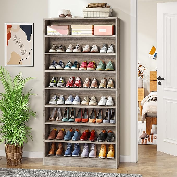Tribesigns Tall Shoe Cabinet, 9 Tiers 40-45 Pairs Heavy Duty Wood Freestanding Shoe Storage Cabinet, 70.8'' Tall Shoe Cabinet with Open Storage for Entryway (1, Beige Gray)