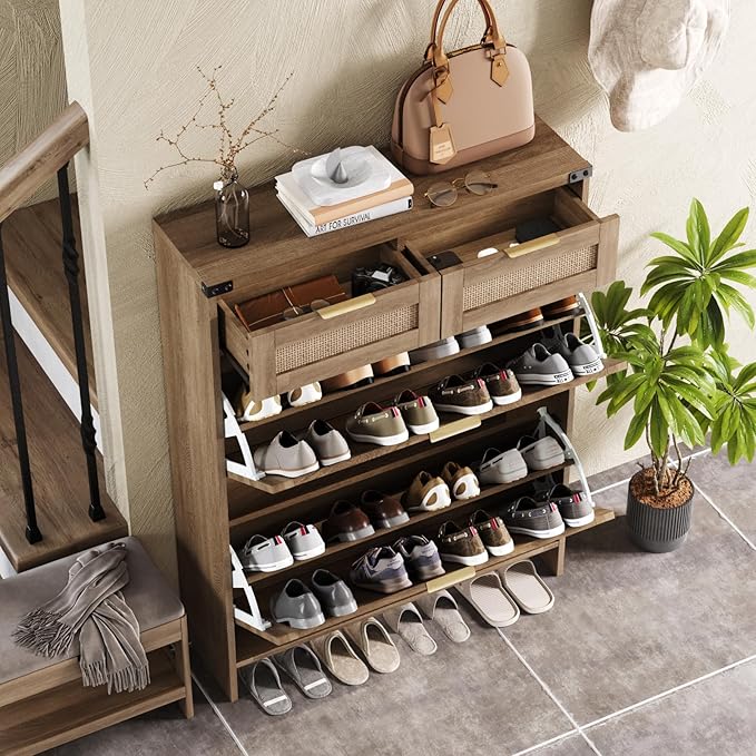 Shoe Cabinet with 2 Flip Drawers & 2 Drawers,Farmhouse Shoe Storage Cabinet for Entryway,Slim Freestanding Narrow Organizer Rack for Front Door Entrance,Rustic Oak Rattan