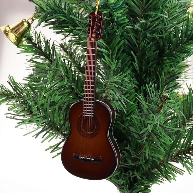 Wooden String Miniature Guitar Hanging Ornament Mini Musical Instrument Replica Holiday Tree Home Decoration Display Ornament (5.12" Classic Guitar)
