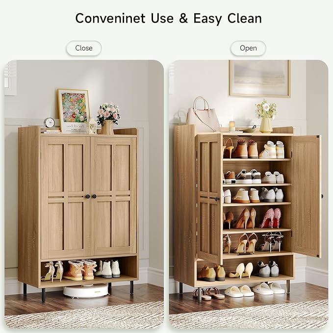 ONBRILL Shoe Cabinet with Cross Molding Doors, 6-Tier Shoe Storage Cabinet with 3 Adjustable Shelves and Metal Legs, 45'' Tall Shoes Rack Organizer Cabinet for Entryway, Front Door, Natural Oak