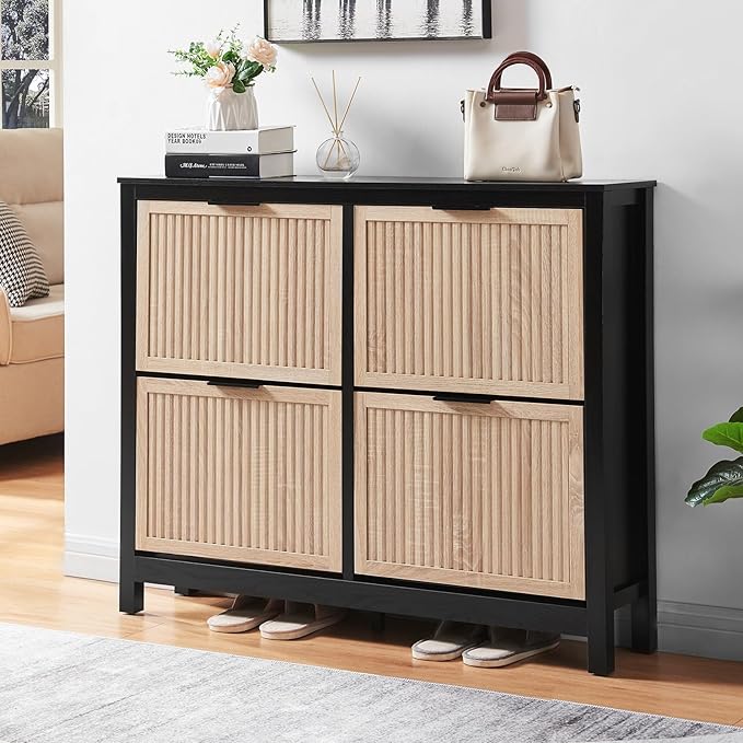 4 Flip Drawers Shoe Cabinet Storage for Entryway, Narrow Hidden Wood Shoes Organizer Cabinet Front Door Entrance Thin Free Standing Front Door Shoe Rack Storage for Entryway(Oak&Black)