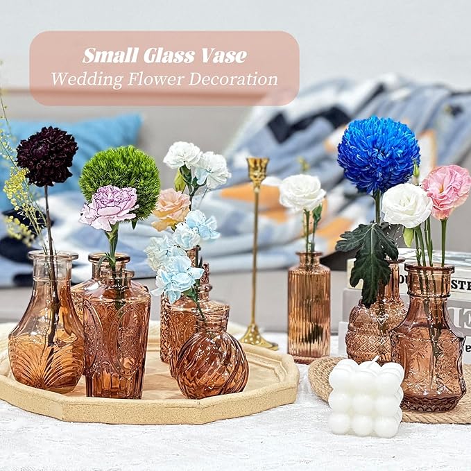 Mini Bud Vases As Wedding Centerpieces for Tables,Clear Bud Vases for Flowers,Small Flower Vases Suitable for Birthday Party,Anniversary,Wedding Reception,Baby Shower (Amber, 24PCS)