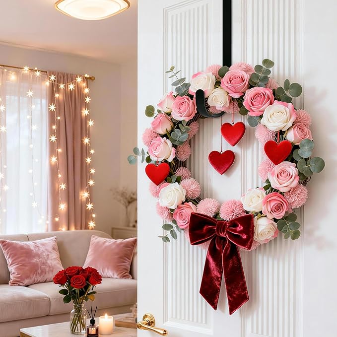 MCFULL Wreath Hangers for Front Door Valentines Day Decorations,12 in Black Wreath Door Hanger Hook,Over The Door Hooks for Front Porch Decor,Metal Garland Holder for Valentines Spring Wreath Decor