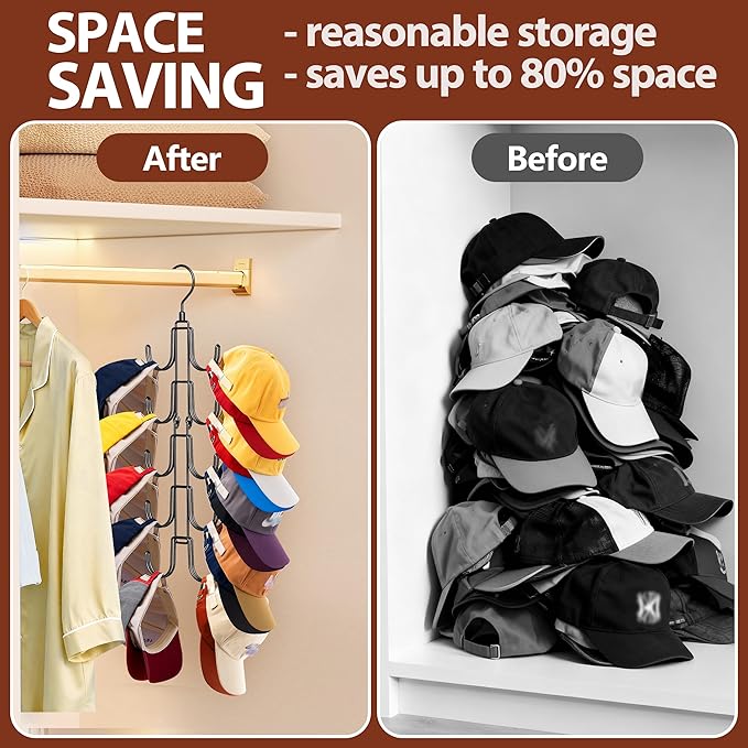 10-Hook Hat Hangers for Closet, Stainless Steel Hat Organizer, Collapsible Hat Holder, 360° Rotating Cap Rack, Space Saving Hat Storage for Baseball Caps