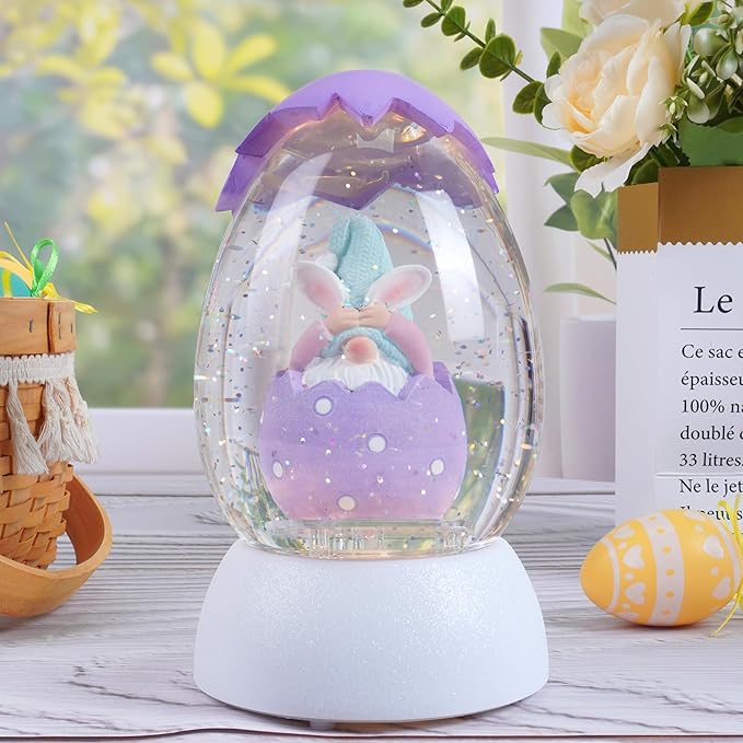Gnome Easter Snow Globe, Easter Bunny Snow Globe Eggs Spring Decor with Swirling Glitter, 6H Timer, USB or Battery Powered, See No Evil Gnome Snowglobe for Tabletop Decor Gift 7.4 Inch (Purple)
