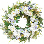 Idyllic 22 Inch Summer Wreaths for Front Door - White Blue Flowers on Green Foliage Base for Seasonal Home Outdoor Decor