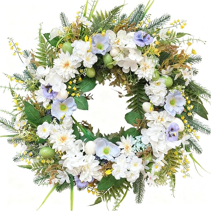 Idyllic 22 Inch Summer Wreaths for Front Door - White Blue Flowers on Green Foliage Base for Seasonal Home Outdoor Decor