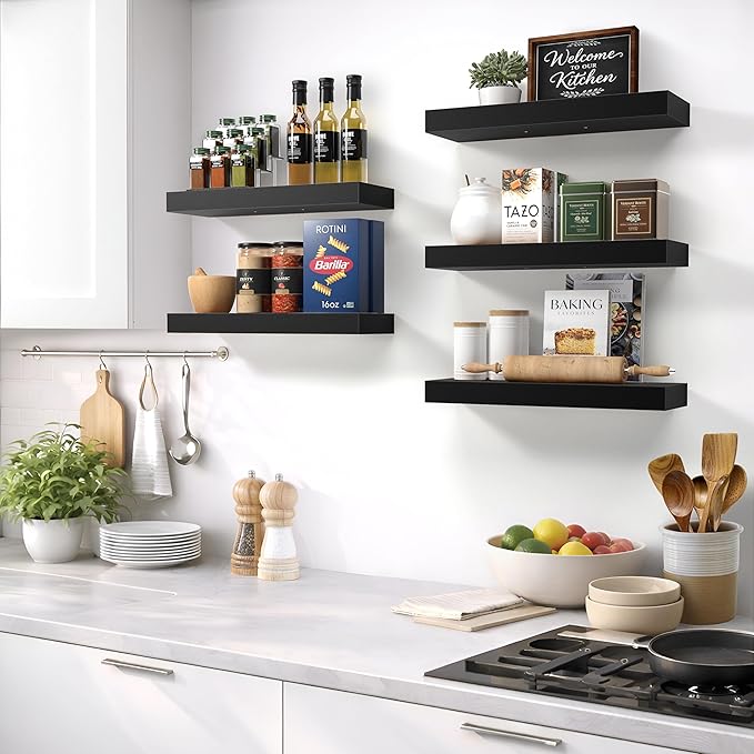 Sorbus Floating Shelves for Wall – 16 Inch Floating Shelf for Kitchen, Bedroom, Living Room, Bathroom, Home & Wall Decor - Mounted Bathroom Shelves with Invisible Brackets (Black, 4 Pack)