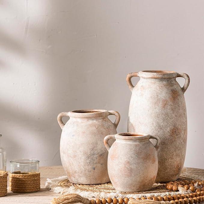Ceramic Flower Vase 7.6 inch Farmhouse Rustic Vase Decorative Pottery Terracotta Vases for Home Decor Table Mantle Fireplace Living Room Bathroom Wedding Centerpiece (Whitewashed)
