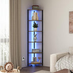 6-Tier Corner Shelf with LED Lights - 65" Tall Narrow Bookshelf, Standing Shelf with Storage Rack, Sturdy Metal Frame & Waterproof Shelves, Rustic Brown, for Living Room/Bedroom/Bathroom
