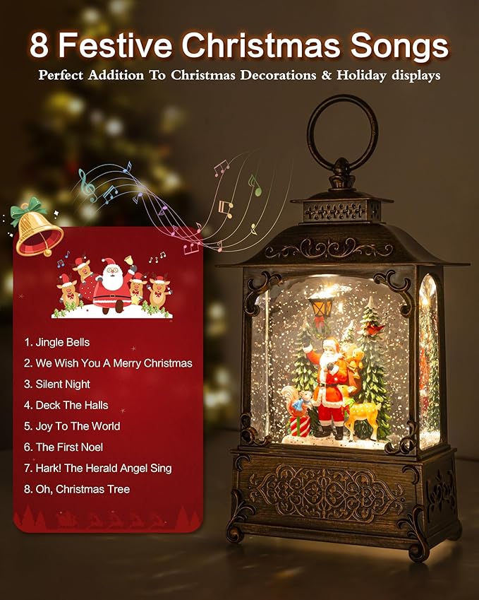 Christmas Snow Globes Light up Snowglobes Christmas Lantern with 8 Songs, 10.43" Christmas Snow Globes for kids adults, 6H Timer & Dual Power, Lighted Christmas Decorations Indoor, Gifts for Women Men
