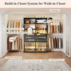 Closet System Set of 2, 5.7-10.4FT Closet Organizer System with 6 Wood Drawers & 2 LED Glasstop, Wood Walk-in Closet with 10 Hanging Rods & 2 Trouser Rack, Built-in Garment Rack with Shelves, Black