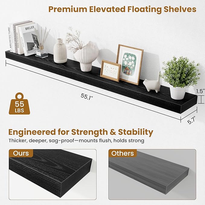 Fun Memories 55 Inch Floating Shelves Bedroom, Large Extra Floating Shelf Set of 2 with Invisible Brackets, Black