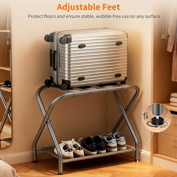 Heybly Luggage Rack for Guest Room, Pack of 2, Steel Folding Suitcase Stand with Storage Shelf for Bedroom, Hotel, Foldable Steel Frame, Guest Room, 26.2" L x 14.4" W x 20.5" H, Gray HLR004G2