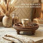 EOSAHR Acacia Round Wood Display Riser for Home Decor – Beaded Pedestal Tray for Perfume Organizer, Bathroom Tray & Kitchen Counter Decor - Farmhouse Boho Accent for Apartment(Acacia Wood)