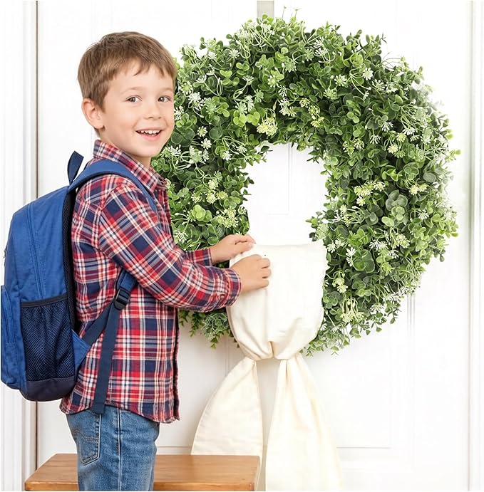 20" Boxwood Wreath for Front Door - UV Resistant Artificial Greenery Wreath with Detachable Hello Sign & Sash, All-Season Spring or Summer Wreaths Decorative Wreath for Indoor/Outdoor Wall