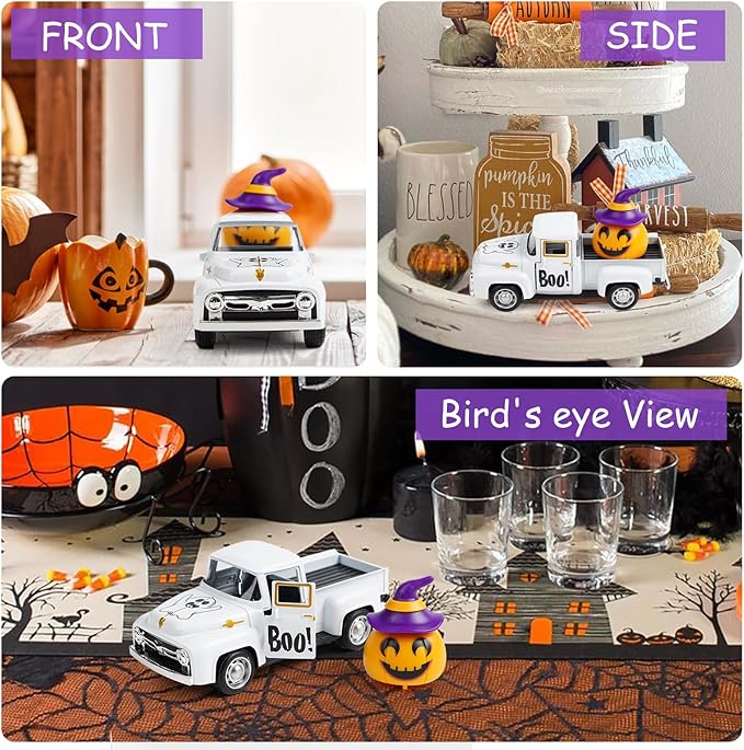 Halloween Truck Decor, Halloween White Ghost Metal Truck Decorations for Home Indoor, Mini Cute Pumpkin Tiered Tray Decor, Farmhouse Kitchen Tabletop Centerpiece Decorations