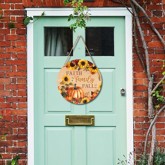 Faith Family Fall Front Door Sign Fall Sunflower Pumpkin Door Decorations Wood Sign Autumn Harvest Wreath Door Hanger Farmhouse Fall Plaques Wall Hanging Decoration for Home Proch Yard 12"x12"