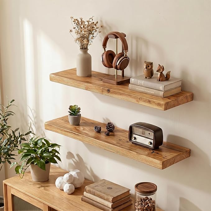 Floating Shelves 30" W x 8" D, Solid Elm Wood Shelves for Wall, 8 Inch Deep - Rustic Wooden Bathroom Shelves 30" Long, for Living Room, Kitchen, Office, Entryway, Set of 2, Heavy-Duty Bookshelf