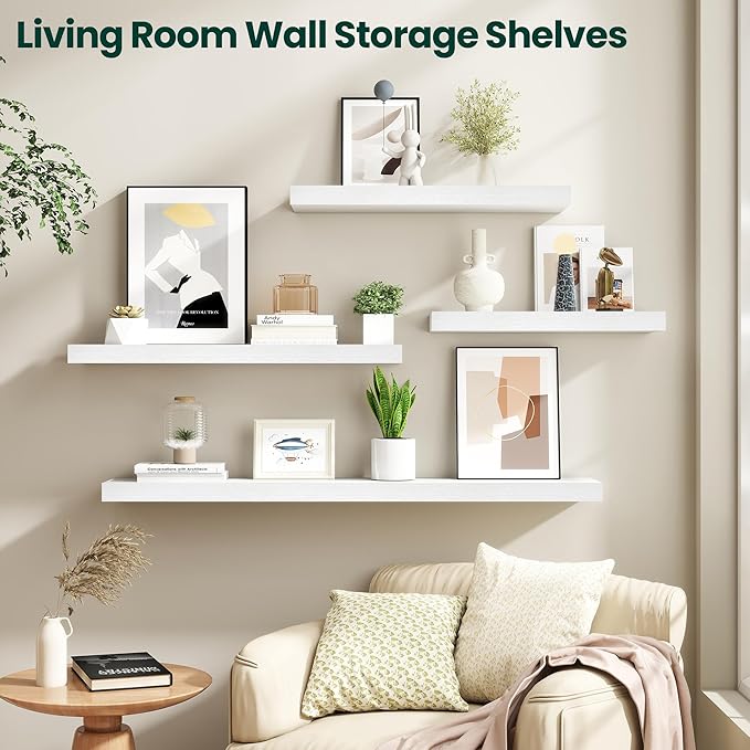Floating Shelves for Wall 72 in x 9.3 in Deep, Wall Mounted Rustic Wood Shelf with Invisible Brackets for Storage & Display, Living Room Bedroom Bathroom, White, 1 Pack