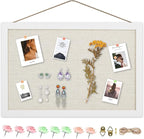 AKTOP Cork Board Bulletin Board with Linen 16.7" X 11", Small Framed Corkboard for Wall, Hanging Pin Board Picture Board for Home Office Decor, Cute Vision Board with 8 Pushpins (Vintage White)