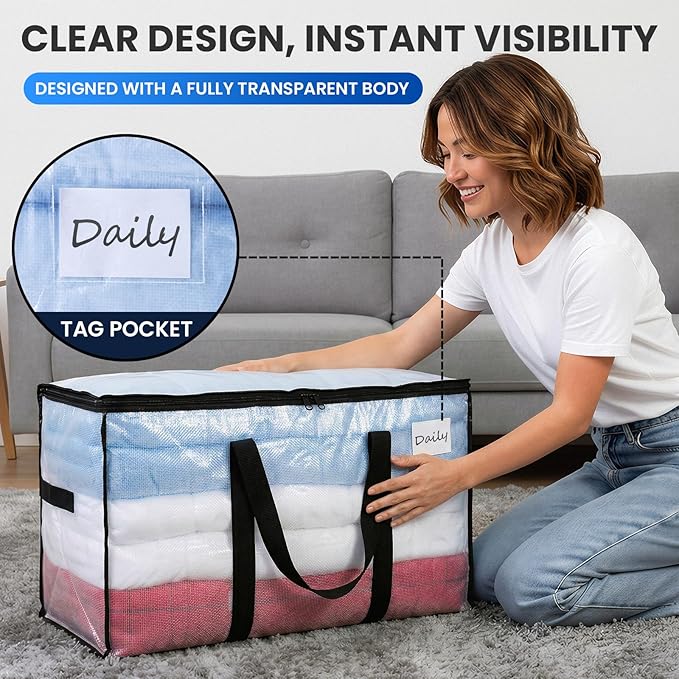 TAILI Extra Large Moving Bags, 10 Pack Clear Heavy Duty Totes For Storage with Visible Window, Wrap Around Handles, Storage Bags for Space Saving, Alternative to Moving Boxes
