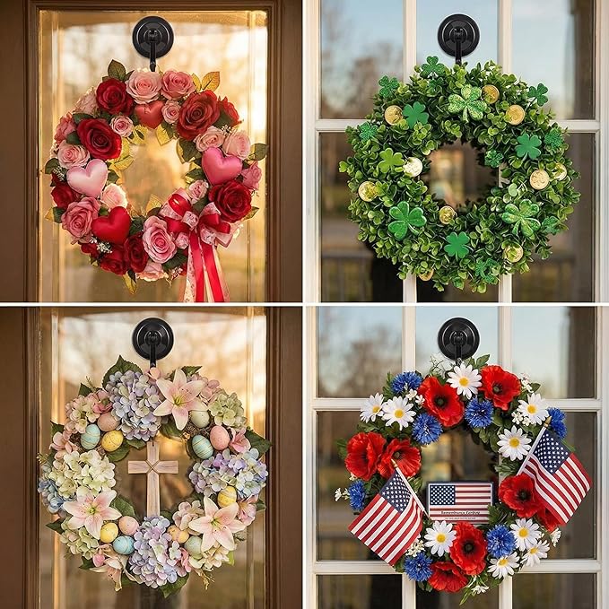 Strong Suction Cup Wreath Hanger for Front Glass Door - 20lb Vacuum Hooks for Window & Bathroom - Damage-Free, Reusable Outdoor Christmas Wreath Holder for Holiday Decor, 2-Pack (Black)