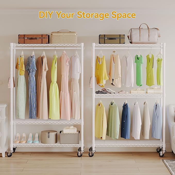 Rolling Garment Rack with Wheels, Heavy Duty Clothing Rack for Hanging Clothes, Load 480 LBS Metal Closet Rack Double Hanging Rods Portable Closet for Bedroom Storage, H2 Plus, White
