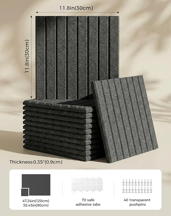 Aothia 12-Pack Felt Bulletin Board Tiles 48"x36", Modular Pin Board for Smooth Walls, Cork Board Alternative for Notes & Photos, 0.35" Thick, 70 Adhesive Tabs & 40 Pins, Charcoal Gray