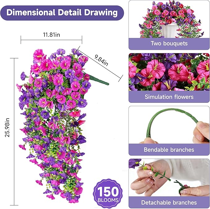 Artificial Hanging Flowers for Outdoors, 2 PCS UV Resistant Faux Silk 150 Morning Glory Each Trailing Vines, Fake Plants for Spring Outdoor Garden Planter Porch Patio Decoration, Fuchsia & LightPurple