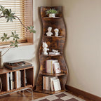 VECELO 2 Pcs Wavy Corner Shelf, Decorative 5-Tier Storage Bookshelf, 70.1” Tall Freestanding Display Bookcase for Small Spaces, Living Room or Bedroom, Rustic Brown