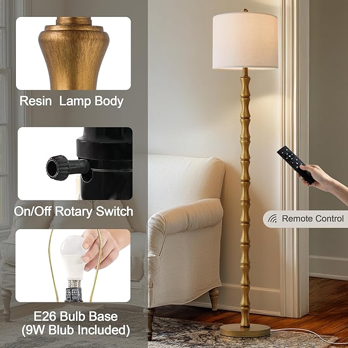BOBOMOMO 62" Rustic Farmhouse Floor Lamp Antique Gold with Remote & Dimmable 9W Bulb, 3 Color Temperatures Resin Standing Lamp, Retro Tall Lamp for Living Room, Bedroom, Nursery, Office, Reading Nook