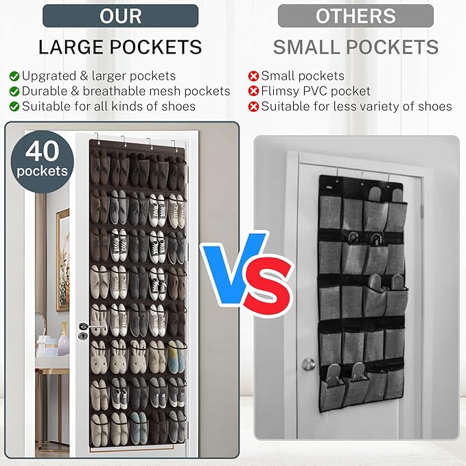 40-Pocket Over the Door Shoe Organizer - Large Mesh Pocket Hanging Shoe Organizer,Behind the Door Shoes Storage Holder Hanger (Coffee color)