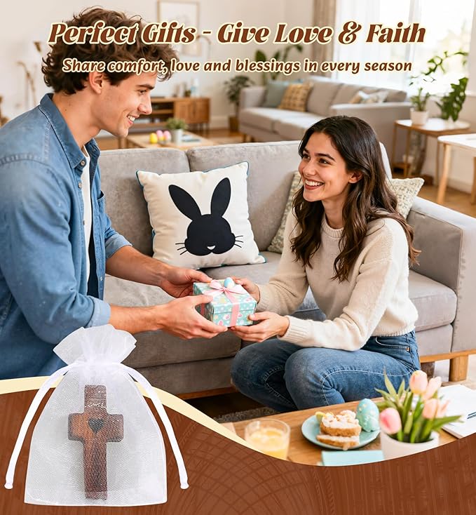 OrbitShell 10Pcs Wooden Cross Fidget with Organza Bags Cross My Heart/Encouragement Gift Handcrafted Walnut Pocket Cross Handheld Prayer Stress Relief Christian Faith Gifts Religious Easter Day Gifts