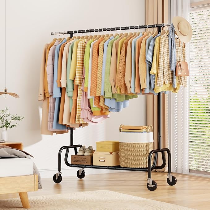 Heavy-duty Clothing Rack with Wheels, Rolling Clothes Rack with Shelf, Clothes Racks for Hanging Clothes, Metal Standing Garment Racks, Black