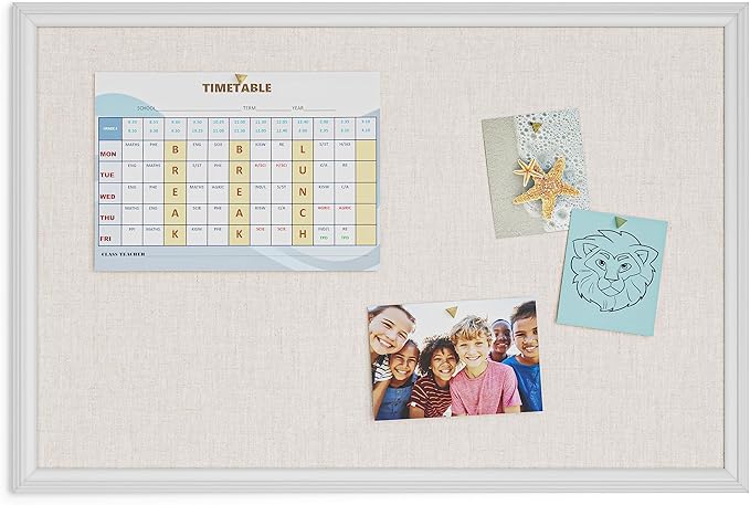 U Brands Farmhouse Bulletin Board, Linen Covered Corkboard with White Wood Frame, 30" x 20" (6711U00-01)