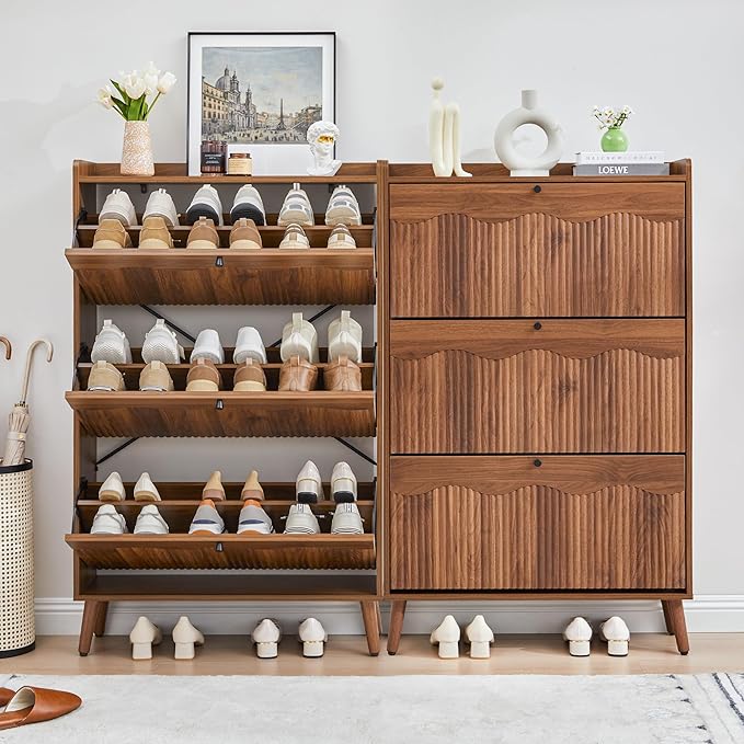 BERRYMERRY Shoe Storage Cabinet for Entryway with 3 Flip Drawers, 51.2” Tall Narrow Shoe Organizer with Wave Panel, Freestanding Wood Hidden Shoe Cabinet for Hallway